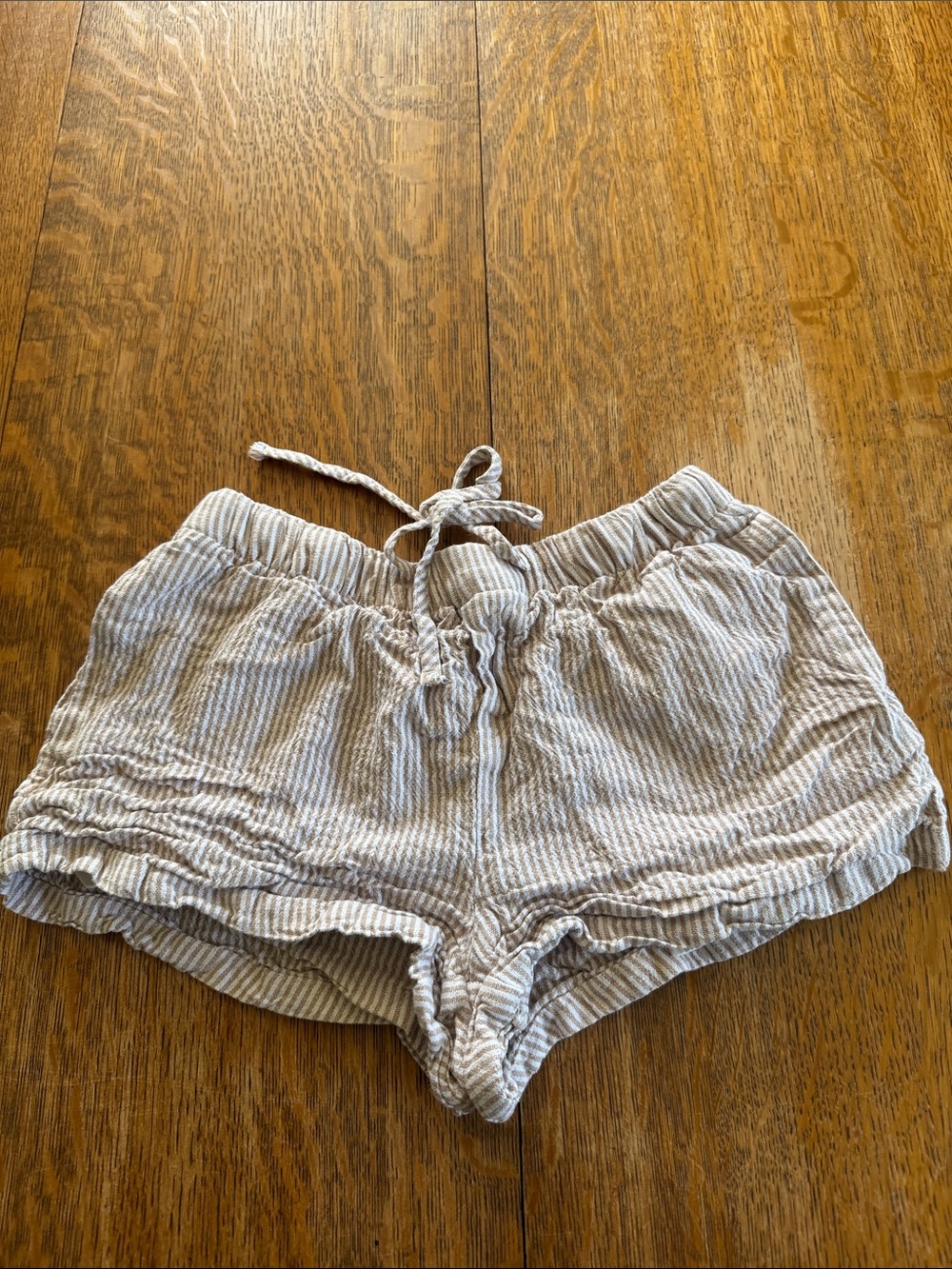 Love Tree Beige & White Striped Ruffle Hem Athletic Shorts